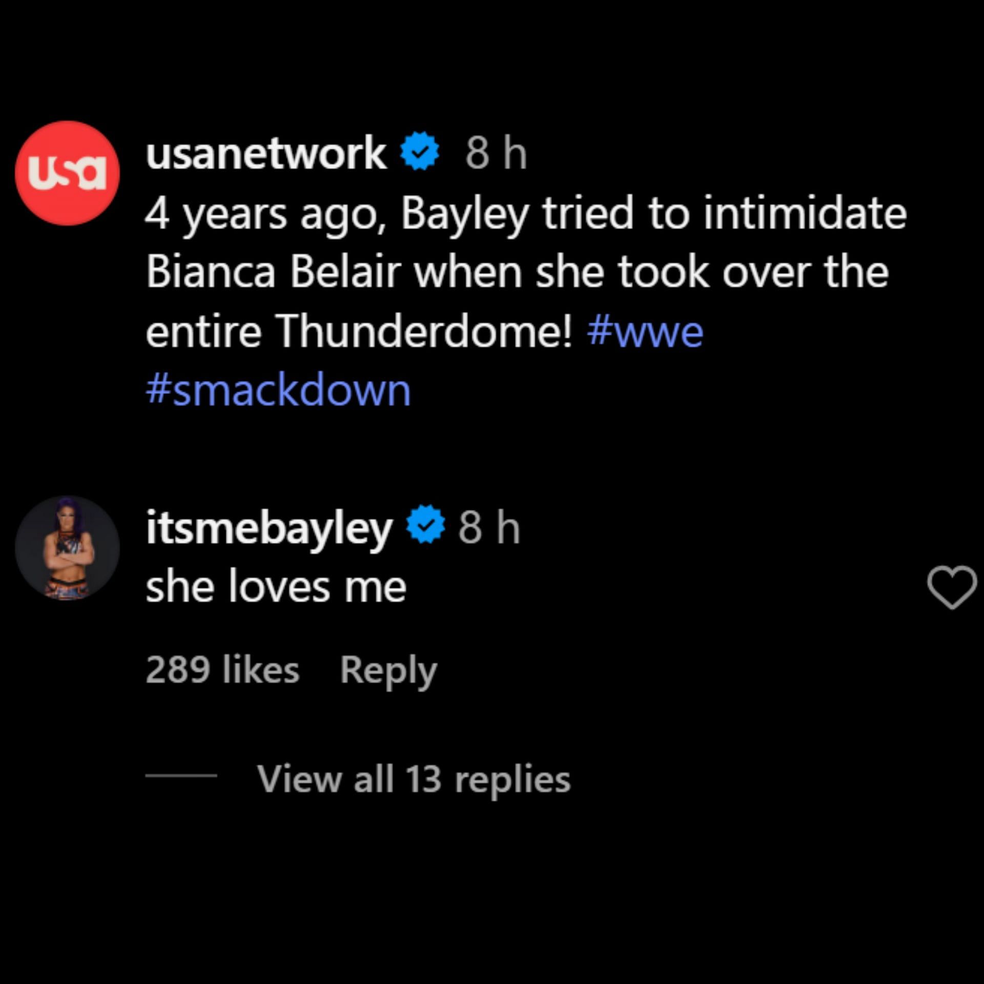 Bayley claims Bianca Belair loves her (Photo credits: USA Network's Instagram post)